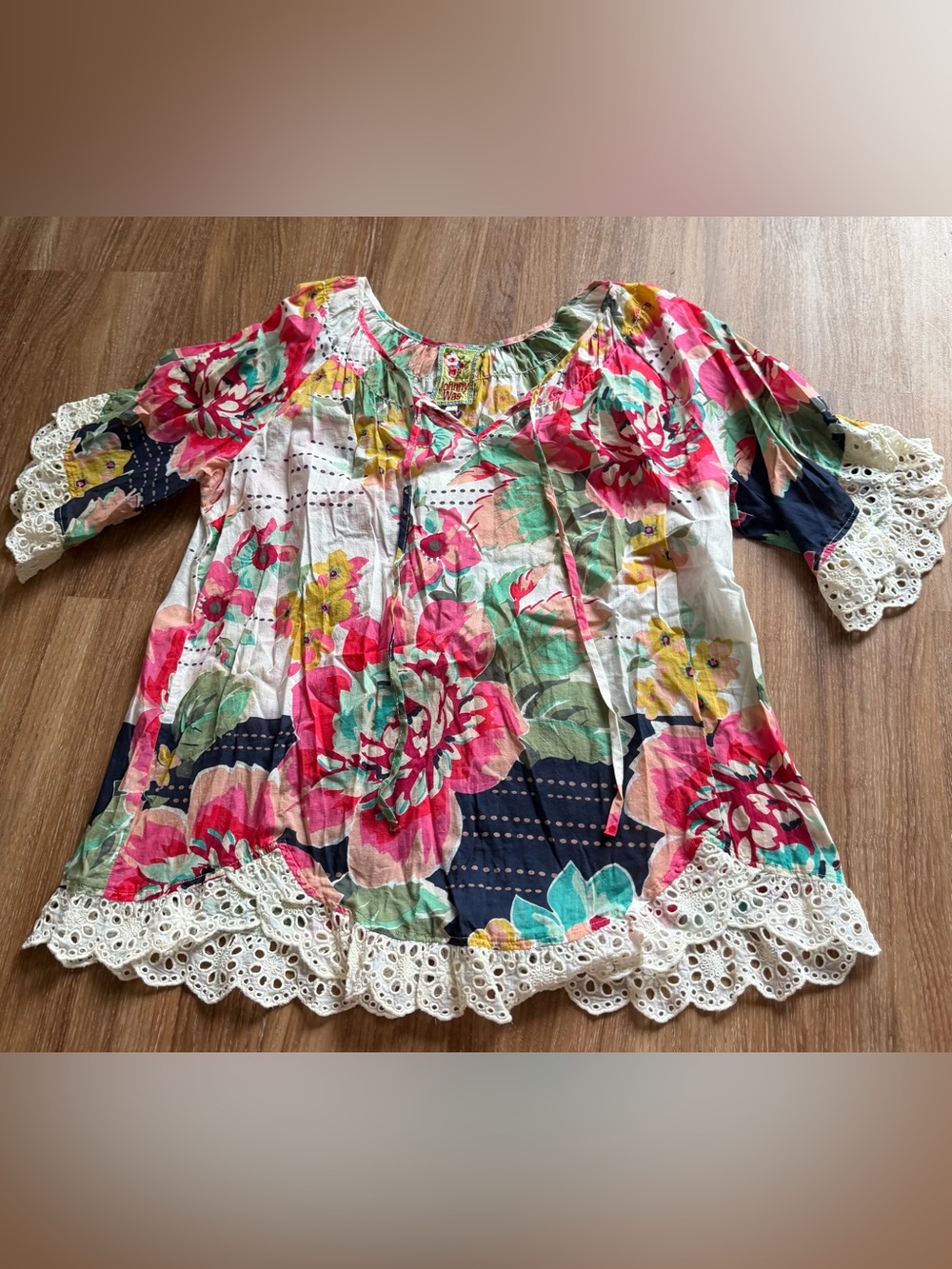 Johnny Was Multicolor Floral Crochet Trim Tunic